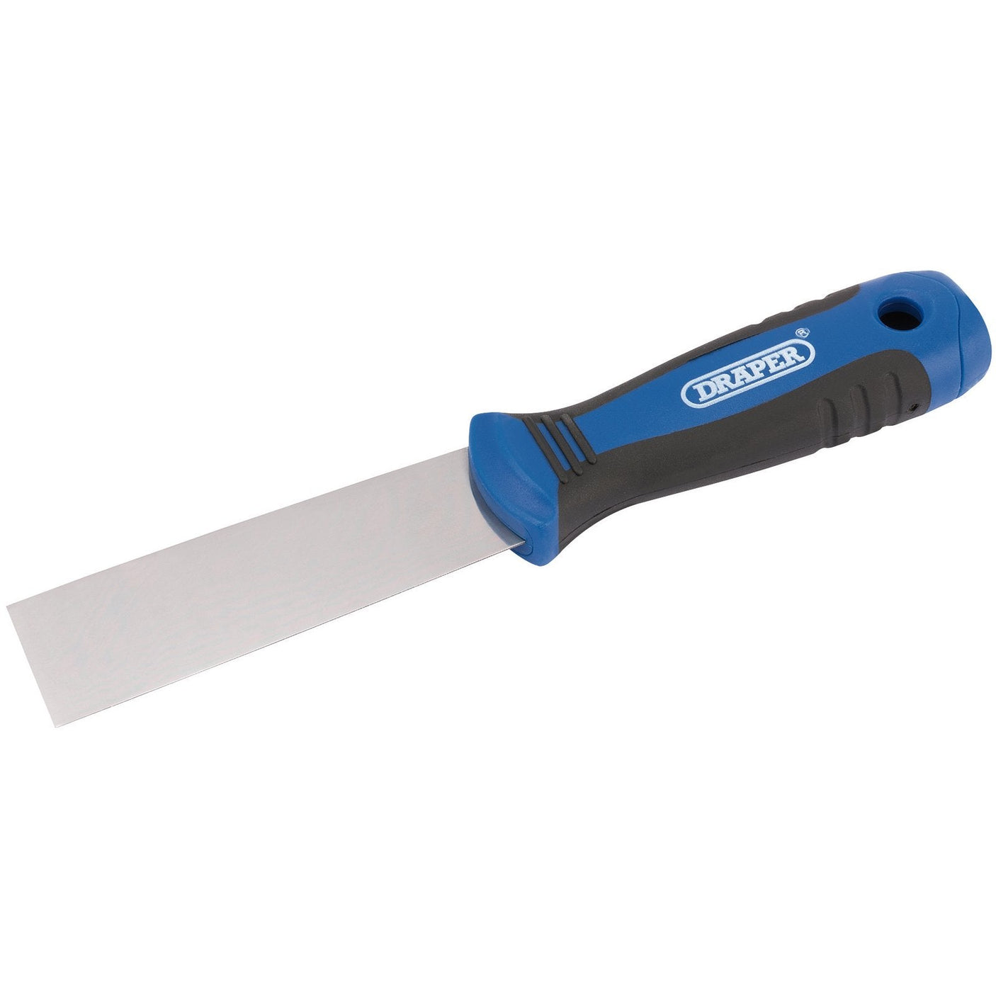 The Draper Soft Grip Flexible Filling Knife, 32mm - 731F/SG features a wide, flat metal blade and a blue and black rubber soft grip handle. The precision ground handle bears the brand name "Draper.