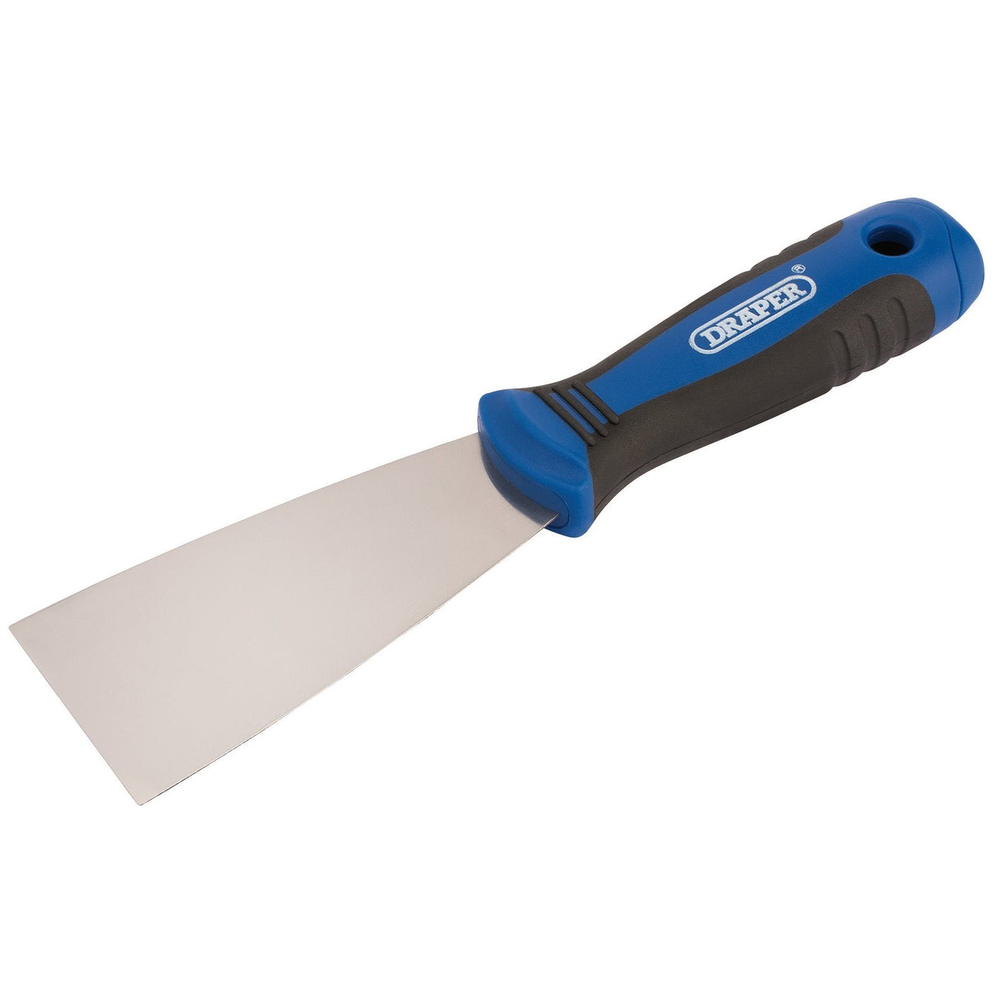 A Draper Soft Grip Flexible Filling Knife, model 731F/SG with a black and blue soft grip handle and a flat stainless steel blade is shown. The handle features the brand name "Draper.