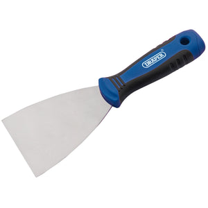 The Draper Soft Grip Flexible Filling Knife, 75mm - 731F/SG features a blue and black design with a wide, flat precision-ground blade and a soft grip handle for comfortable use.