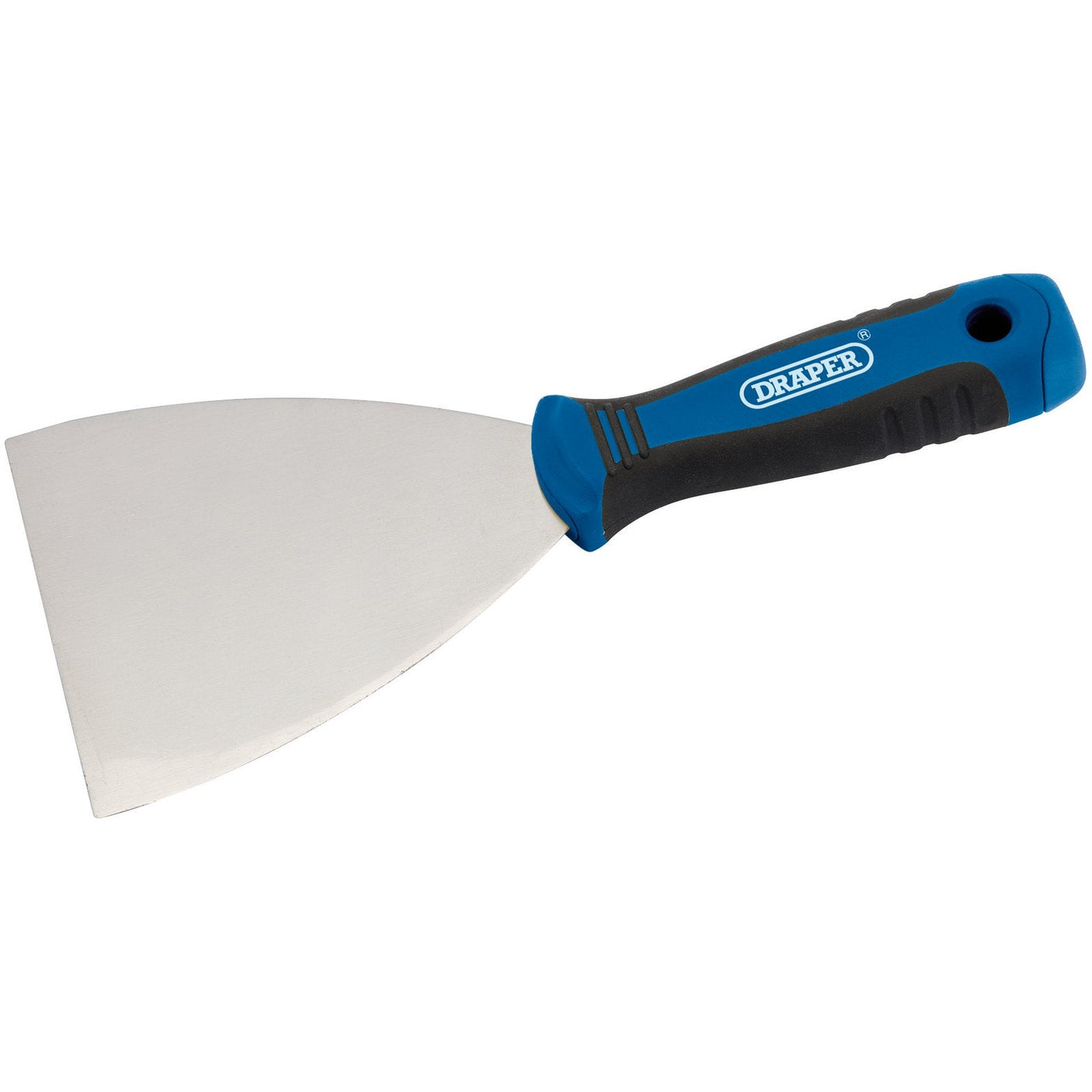 The Draper Soft Grip Flexible Filling Knife, 100mm - 731F/SG features a wide, fully polished flexible steel blade and an ergonomic blue and black soft grip handle. It also includes a convenient hang hole for easy storage.