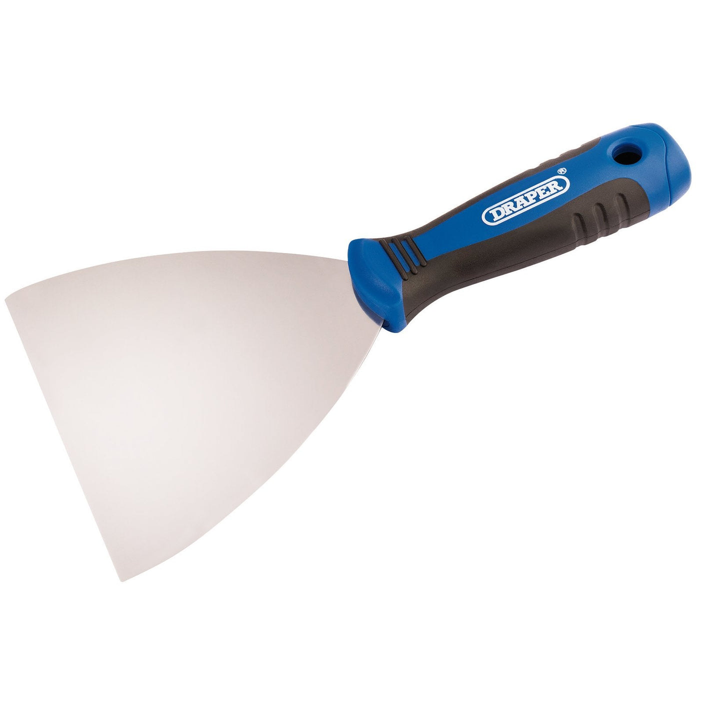 The Draper Soft Grip Filling Knife, 125mm - 731F/SG features a wide, fully polished flexible steel blade and a comfortable soft grip blue and black handle.