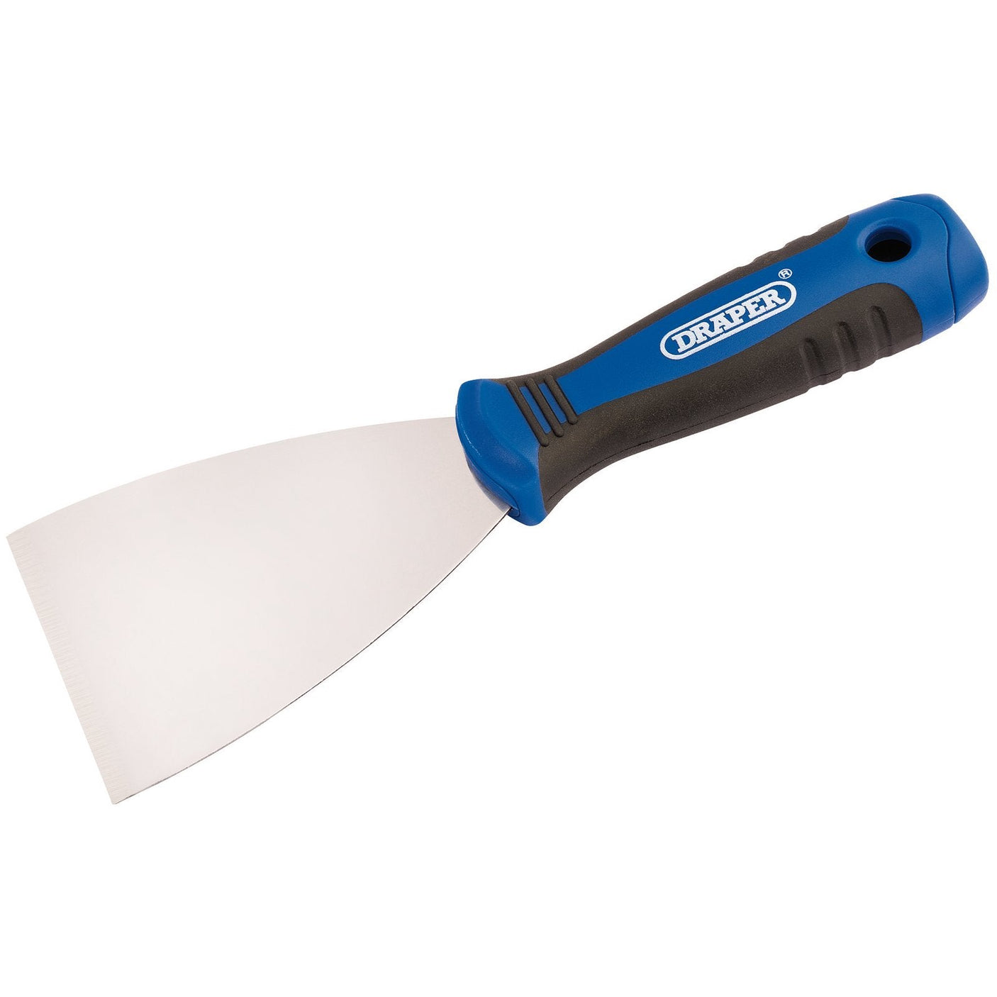 The Draper Soft Grip Stripping Knife, 75mm - 731S/SG, is a blue and black handheld scraper featuring a wide, flat precision ground metal blade and an ergonomic soft grip handle, proudly branded with the "Draper" logo.