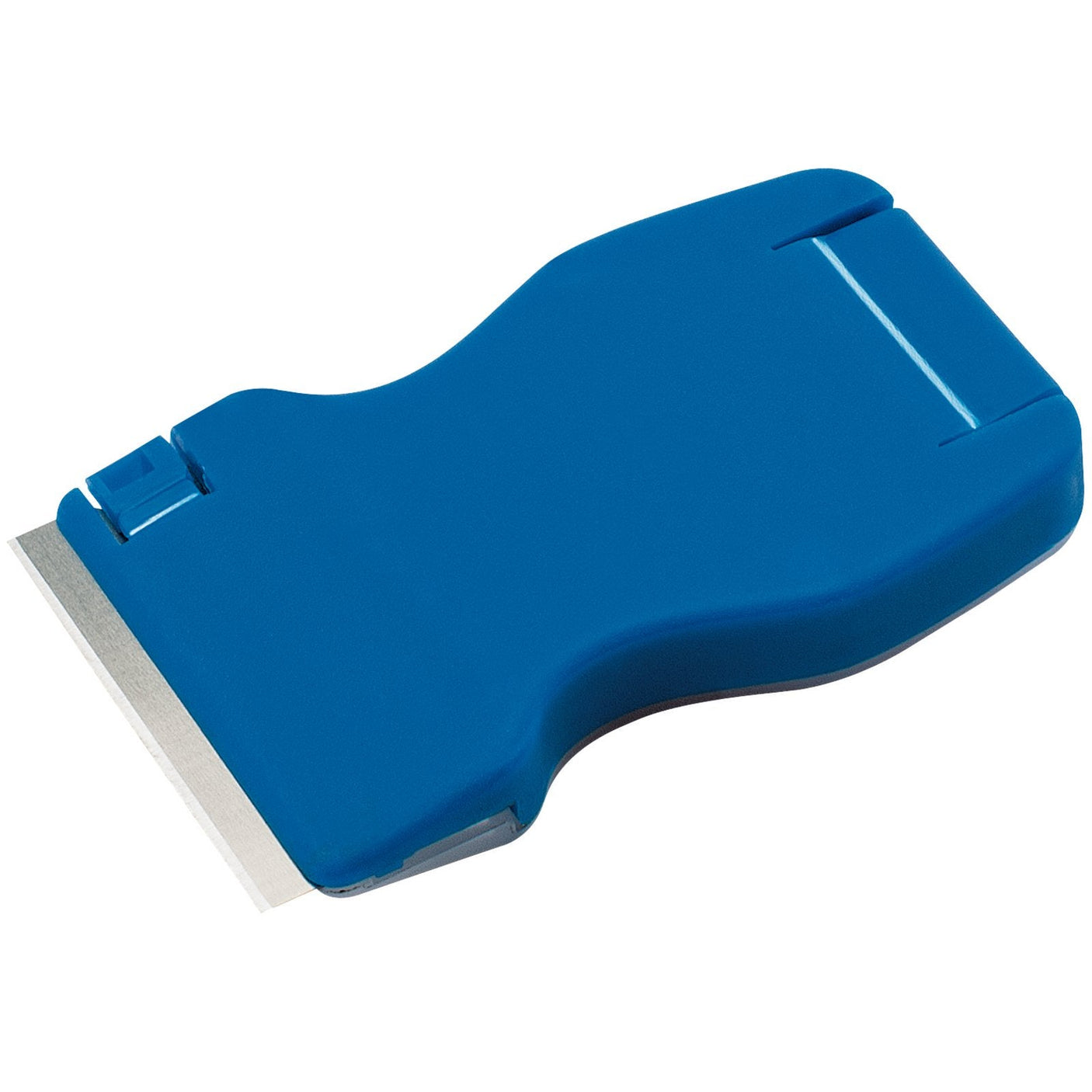 The Draper Plastic Blade Safety Scraper - SSPB, a blue handheld plastic scraper with a silver blade, is shown against a white background.