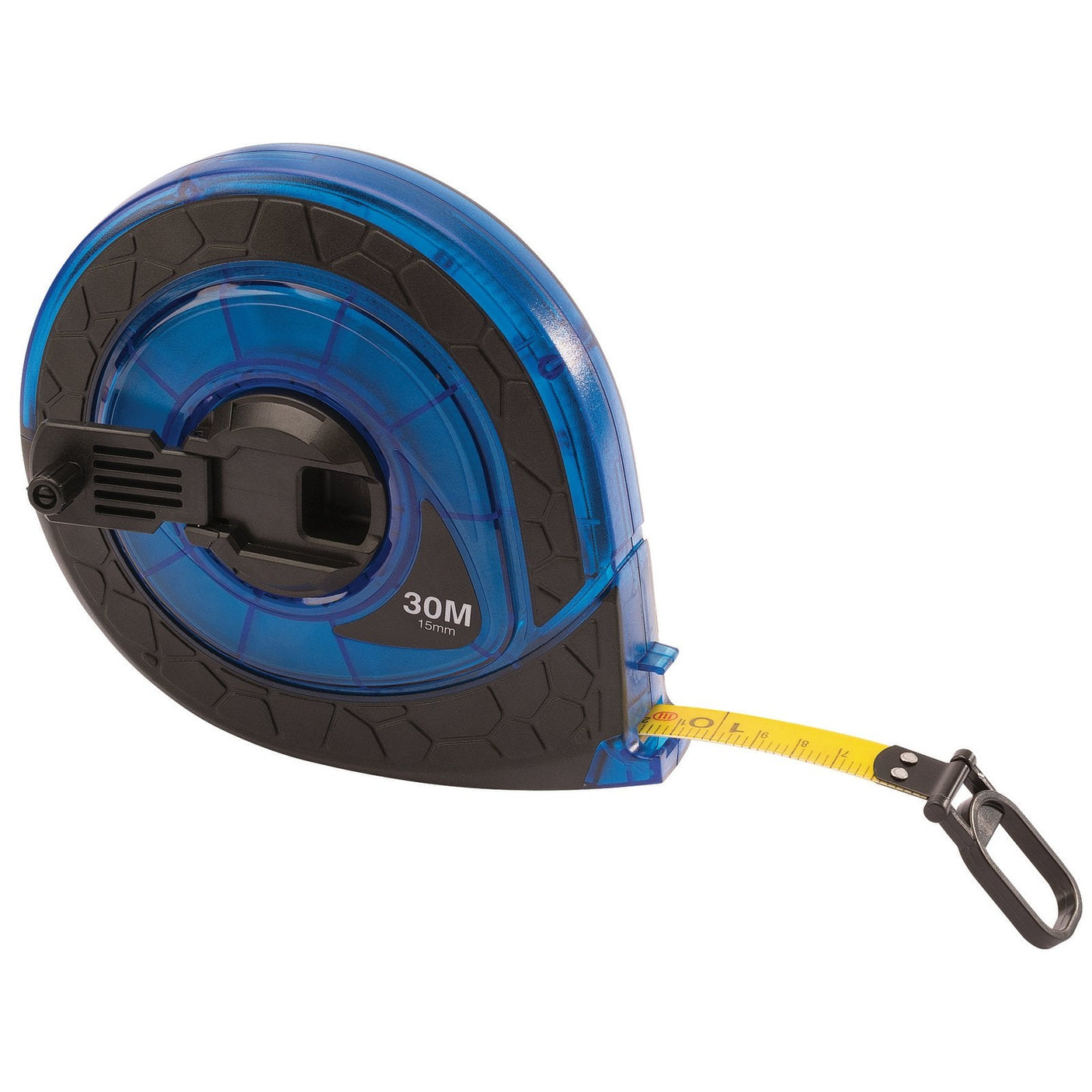 The Draper Fibreglass Measuring Tape, 30M/100Ft X 15mm - FGMT, features a durable polycarbonate case in blue and black with a partially extended yellow fibreglass tape and an end clip.