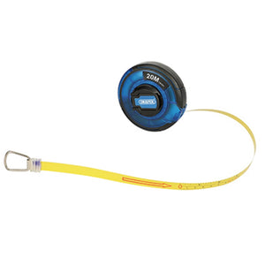 The Draper Steel Measuring Tape, 20M/66Ft x 13mm - STMT in blue and black, features both metric and imperial graduations. It boasts a 20-meter length, with its yellow tape partially extended. The tape includes a metal hook at the end and adheres to EC Class II Accuracy standards.