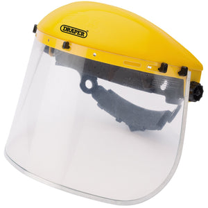 A yellow and transparent face shield with an adjustable headband and clear polycarbonate visor, branded "Draper Protective Faceshield To Bs2092/1 Specification - FS8/A".