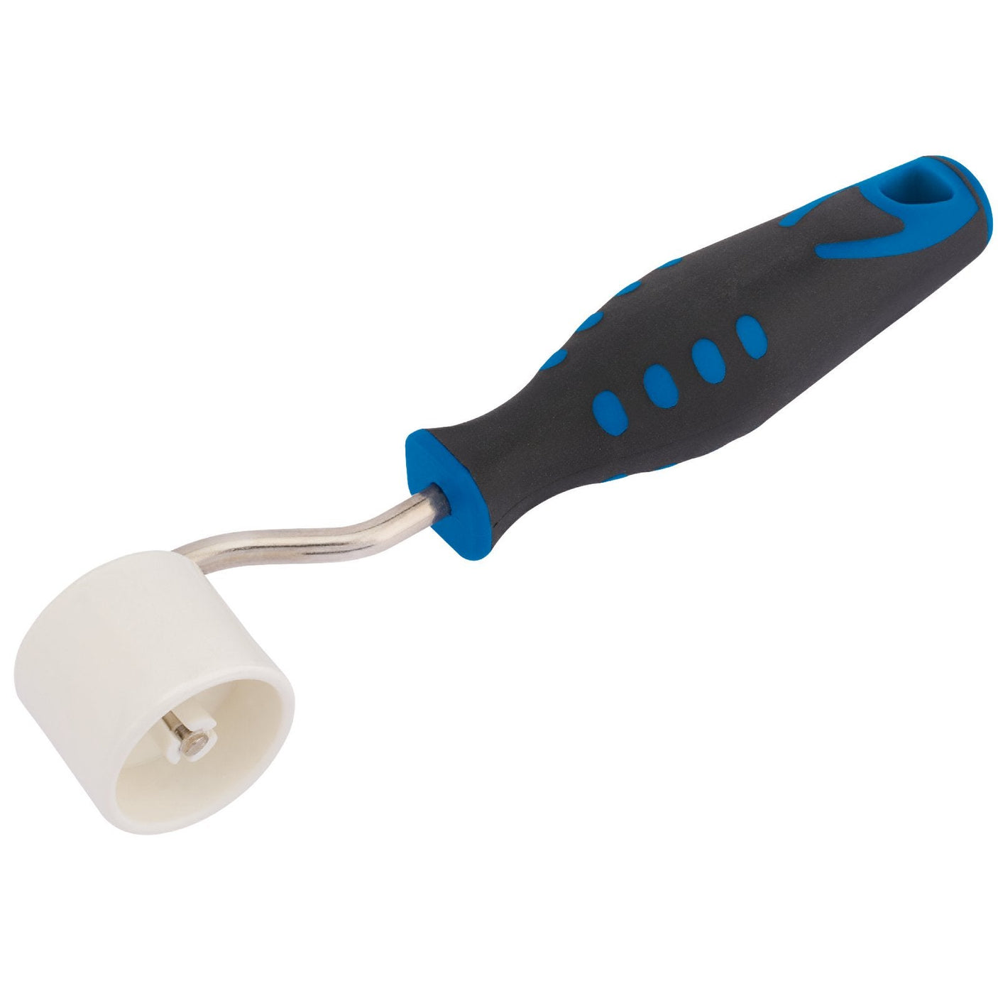 The Draper Wallpaper Seam Roller - WFSR/SG by Draper features a black and blue soft grip handle and a white cylindrical roller head attached to a short metal arm.