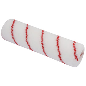 The Draper Medium Pile Polyamide Professional Paint Roller Sleeves, 38 X 230mm - RS-P-M/38, are made from high-density Polyamide fabric with red diagonal stripes and are designed for use with a paint roller frame to ensure a smooth finish.