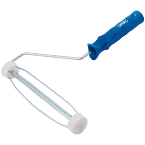 The image shows the Draper Roller Frame For 38mm Sleeves, 230mm, 9" - RF-C-PP/38. It features a blue moulded handle and a chrome plated cage frame, designed to hold a paint roller cover for painting walls or ceilings.