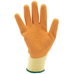 A single Draper Heavy Duty Latex Coated Work Glove in large, orange (model HDLGA/B), featuring a textured surface and latex-coated palms for enhanced grip along with a white cuff, is showcased upright against a plain background.