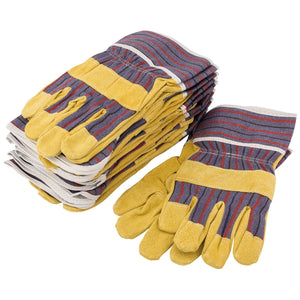 A stack of six pairs of Draper Riggers Gloves (Pack Of 10) - RGA/2, in yellow and gray, crafted from split pig leather, with one pair placed on top and fanned out, showcasing their design, texture, and abrasion resistance in compliance with BS EN 388 standards.