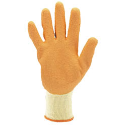 Introducing the Draper Heavy Duty Latex Coated Work Gloves in Extra Large, a pack of 10 orange gloves with white ribbed cuffs. These gloves feature a seamless polyester design and latex-coated palms for superior tear protection, showcased with the palm facing forward.