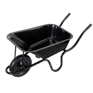 The Draper Metal Tray Contractors Wheelbarrow, 85L - BWB, is a heavy-duty wheelbarrow with a single wheel, metal frame, and two handles, making it perfect for general builders use.