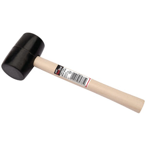 The Draper Redline Rubber Mallet With Hardwood Shaft - RL-RM/B features a black rubber head for durability and a light-colored hardwood shaft. The product includes a label with a barcode on the handle and is sold loose, ensuring effective use for various tasks.