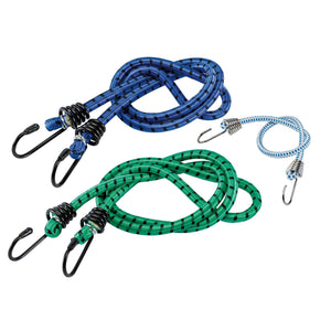 The pack of Draper Assorted Bungee Cords (Pack Of 8) - DAB8/B includes three elastic bungees with steel hooks: a blue-black cord, a green-black cord, and a small blue-white cord.