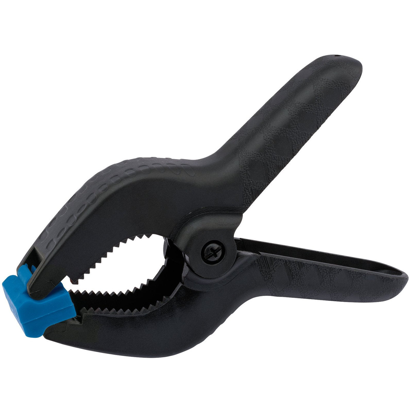 The Draper Spring Clamp, 70mm - NSC-6/A by Draper features a black plastic body and blue pads on the jaws. The swivelling jaw ends offer an improved grip, making it ideal for securely gripping and holding objects during various tasks.