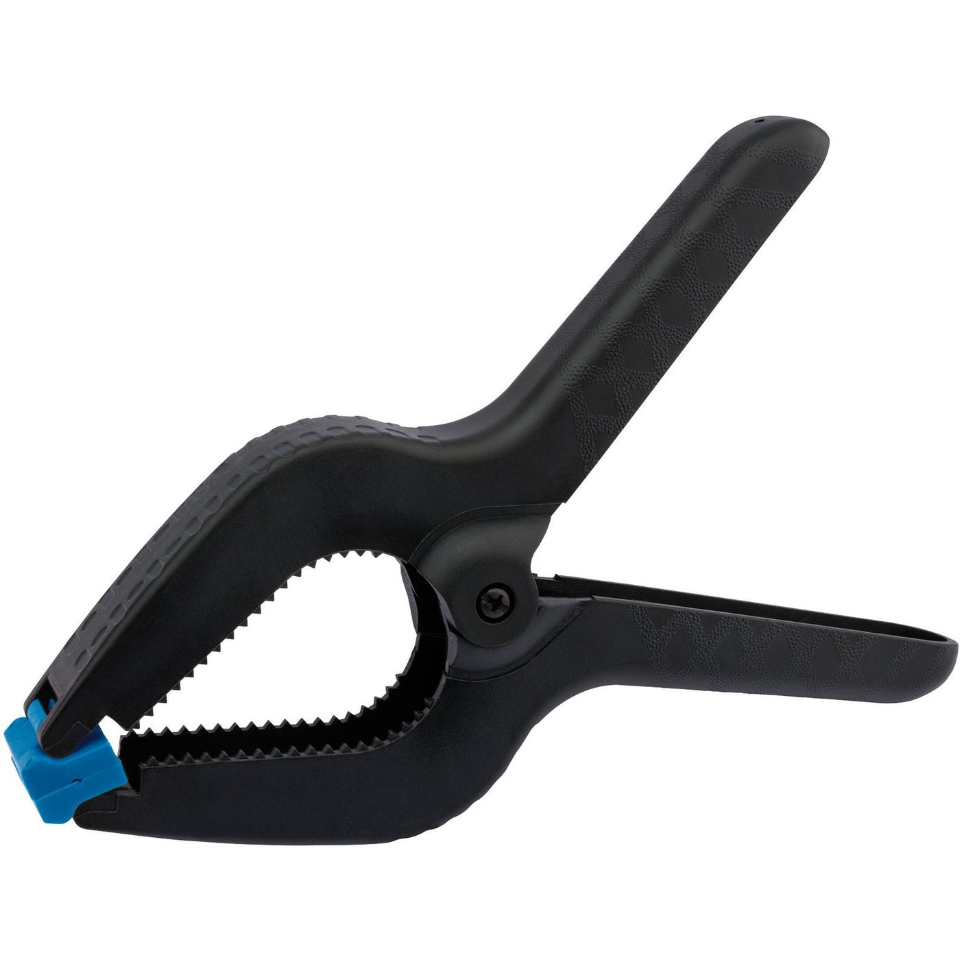 The Draper Spring Clamp, 100mm - NSC-9/A features black plastic construction with ridged handles and blue tips, showcased in a fully open position. Its swiveling jaw ends provide a versatile grip, making it ideal for multiple uses.