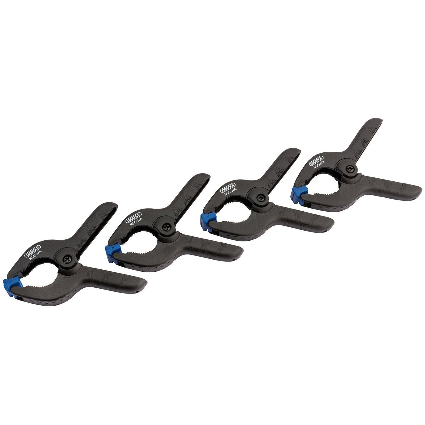 Four Draper Spring Clamps, NSC4/A model with 36mm capacity and blue grips, featuring fibre and nylon bodies, are aligned in a row against a white background.