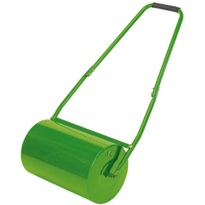 A Draper Lawn Roller Drum, 500mm - GLR, featuring a green steel welded drum and a handle for easy pushing.