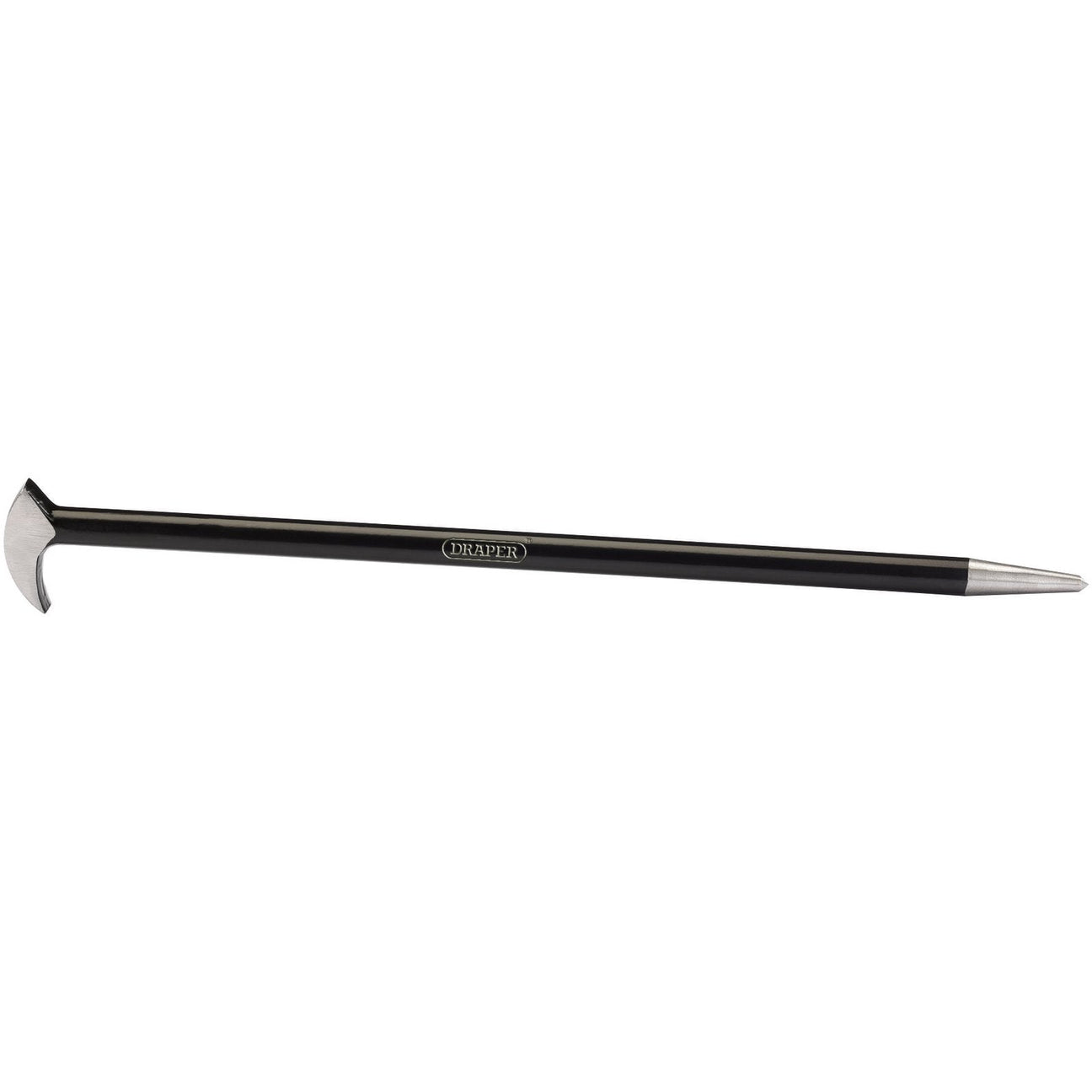 The Draper Heel Bar, 450 X 15mm - HB/A from Draper, is an angled scraper tool designed with a black handle and a sharp carbon steel end for precise scraping tasks.