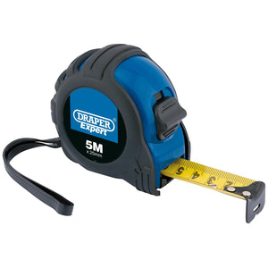 A Draper Expert Measuring Tape, Class II, 5M/16Ft x 25mm - EMTRJT with a blue and black ABS case, a yellow nylon-coated blade extended, and featuring a wrist strap.