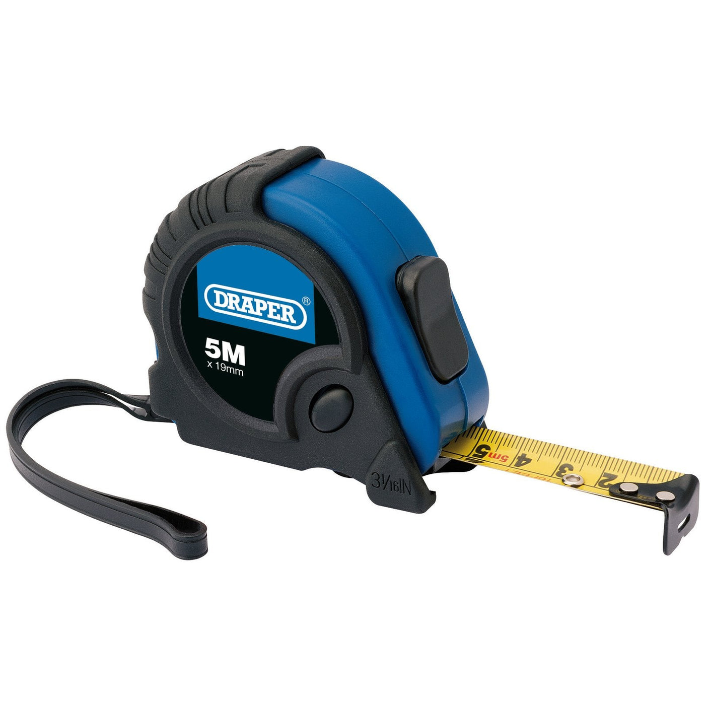 A blue and black Draper Soft Grip Measuring Tape, 5M/16Ft X 19mm (DMTRQT), featuring a nylon-coated blade and a black wrist strap. The tape is partially extended and shows measurement markings with EC Class II Accuracy.