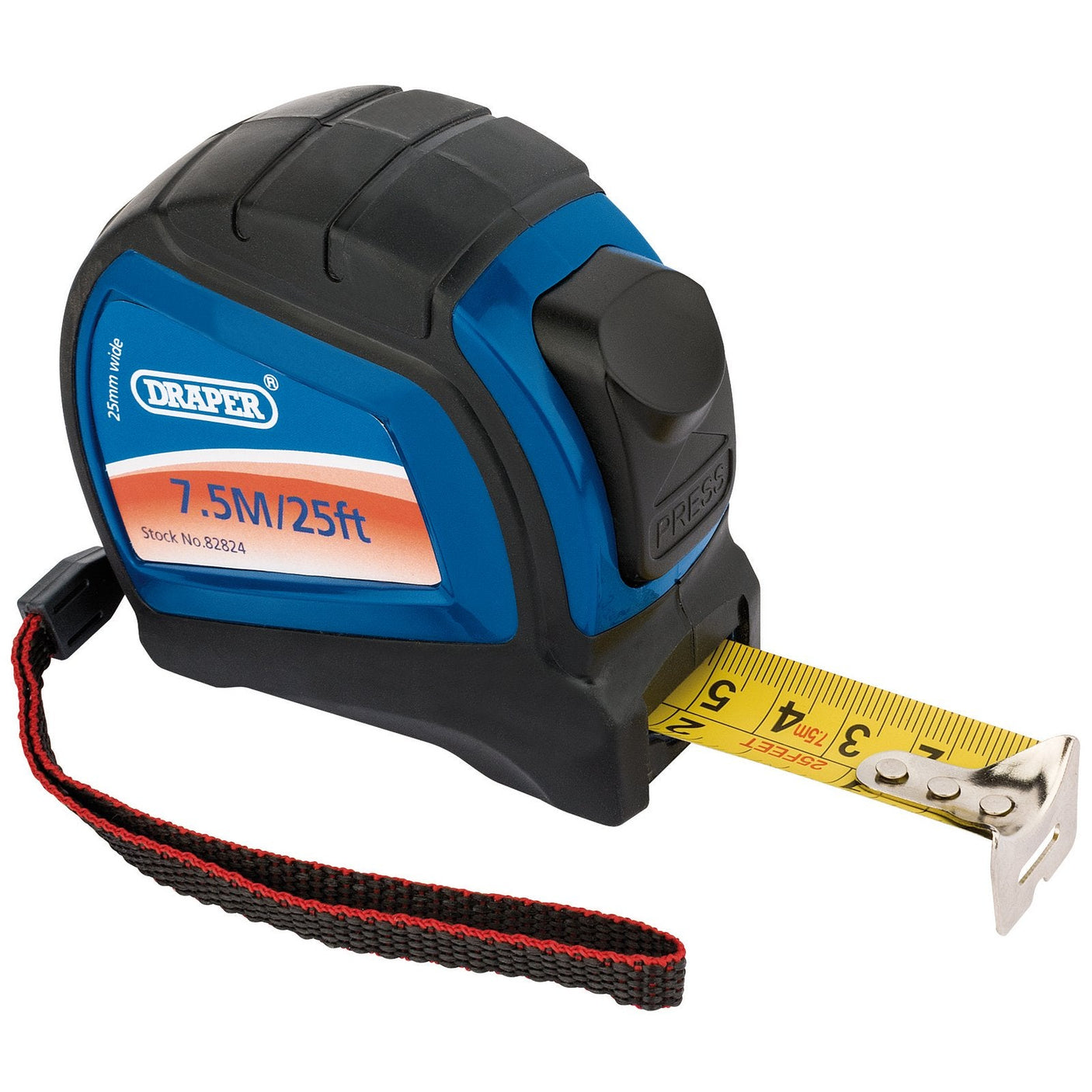 A Draper Measuring Tape, 7.5M/25Ft - DMTPRN, with blue and black casing, a yellow tape featuring a wear-resistant coating, and a black and red wrist strap.