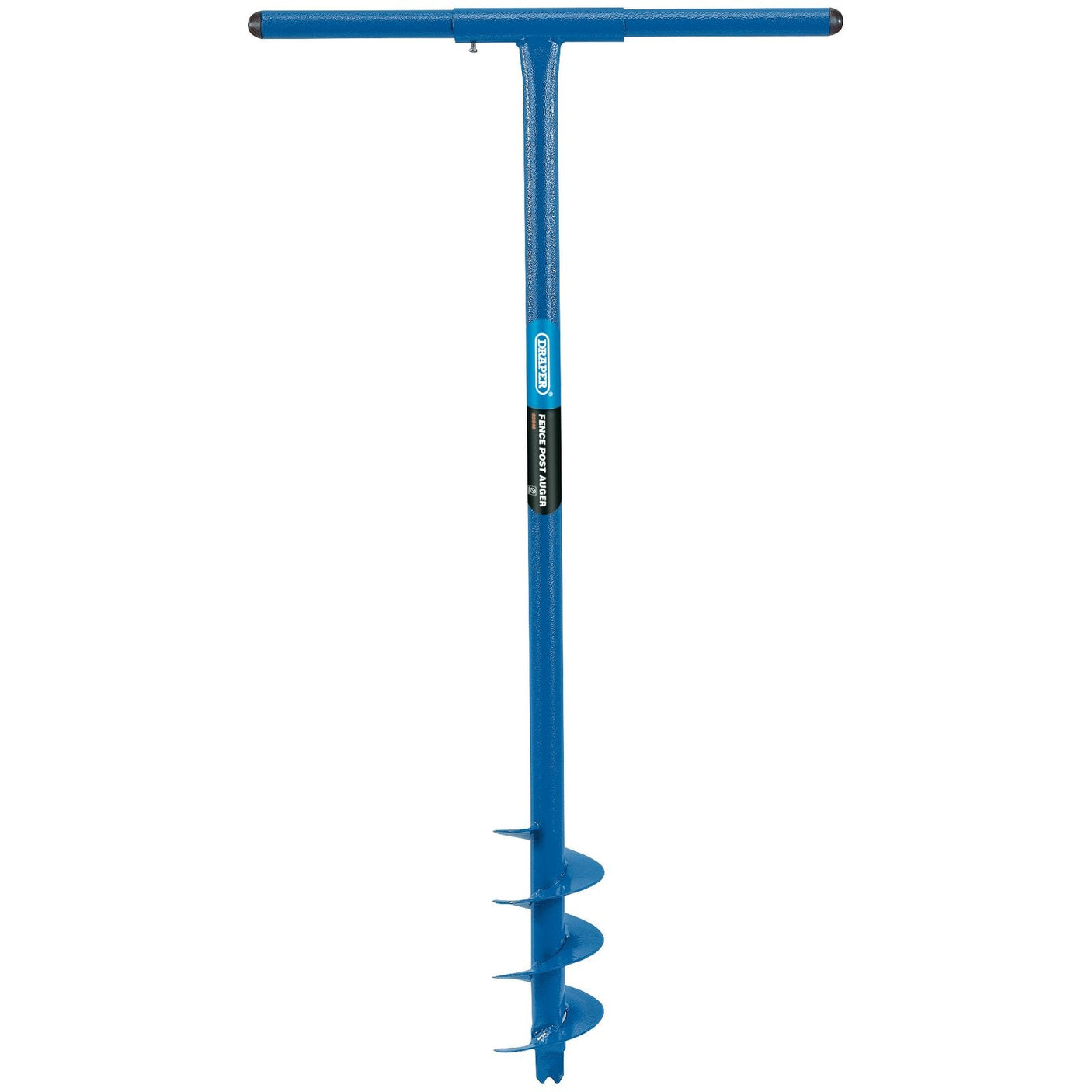 The Draper Fence Post Auger, 950 X 100mm - FPA4, is a blue manual soil auger with a T-shaped handle and a helical screw blade at the bottom for drilling precise fence post holes. Crafted from durable tubular steel, this tool from Draper is perfect for efficient and effective ground penetration.