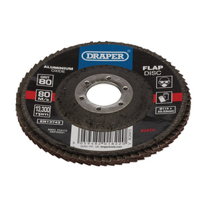 The Draper Aluminium Oxide Flap Disc, 115 X 22.23mm, 80 Grit - FDA115 is designed for sanding and grinding at up to 13,300 rpm. Its label includes safety icons and specifications such as an operating speed of 80 m/s and the size G115x22.23mm, making it ideal for medium to high-pressure grinding tasks.