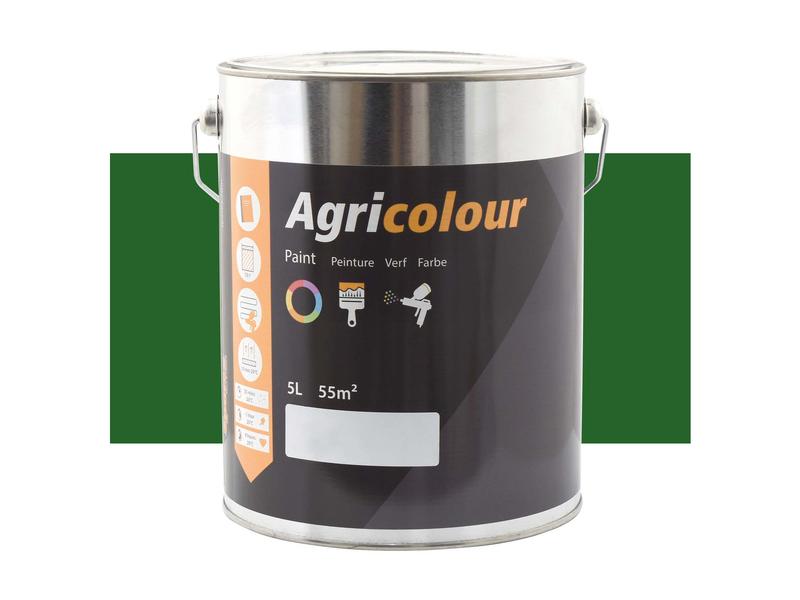 A 5-liter tin of Sparex Agricolour Green gloss paint, featuring a black, orange, and white label, positioned in front of an Agricolour Green background. Ideal for metal surface preparation and providing a lasting gloss finish. (Sparex Part Number: S.828915)