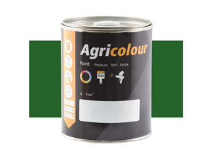 A one-liter tin container of Sparex Agricolour Green Gloss paint with multilingual labeling sits against a green background. The can, identified by Sparex Part Number S.82891, features icons indicating its uses and specifications, making it perfect for painting metal surfaces.