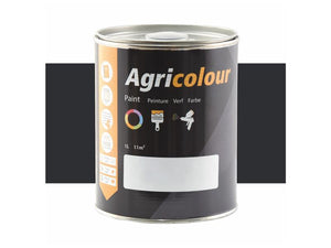 The Sparex Agricolour paint, in a 1-liter tin with a brown grey gloss finish (Sparex Part Number: S.82955), features multilingual text and icons depicting various uses on its black label, making it ideal for metal surfaces.