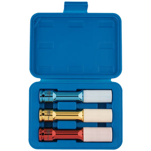 Three Draper Long Reach Wheel Nut Sockets for Alloy Wheels, with colored handles in blue, gold, and red, are stored in a blue, open case alongside a durable nylon sleeve.