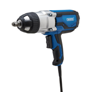 The Draper 230V Impact Wrench Kit, 1/2" Sq.Dr., 480Nm, IW1000D features an electric blue and black body with a silver head, powered by a cord. The side is labeled "Draper" and it includes a set of four impact sockets for versatile use.