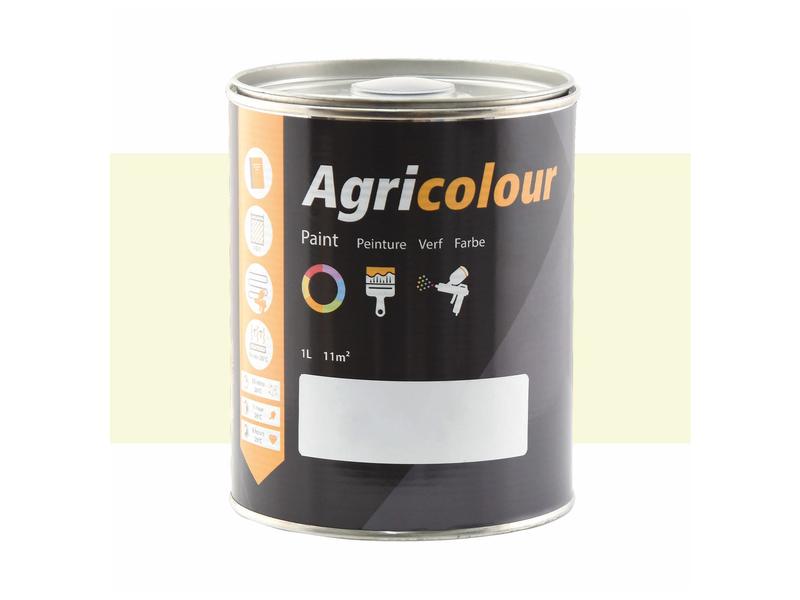 A 1-liter tin of "Sparex Agricolour" White gloss paint, labeled with icons for usage instructions and application areas. The can is predominantly black with an orange and white design, making it ideal for metal surface preparation due to its fast drying time. Sparex Part Number: S.83048.