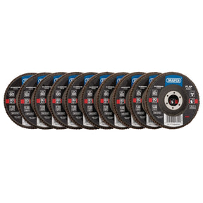 A row of 10 Draper Aluminium Oxide Flap Discs, each labeled with specifications for 60 grit and measuring 115 x 22.23 mm, ideal for sanding and grinding with angle grinders, product code FDAB115.