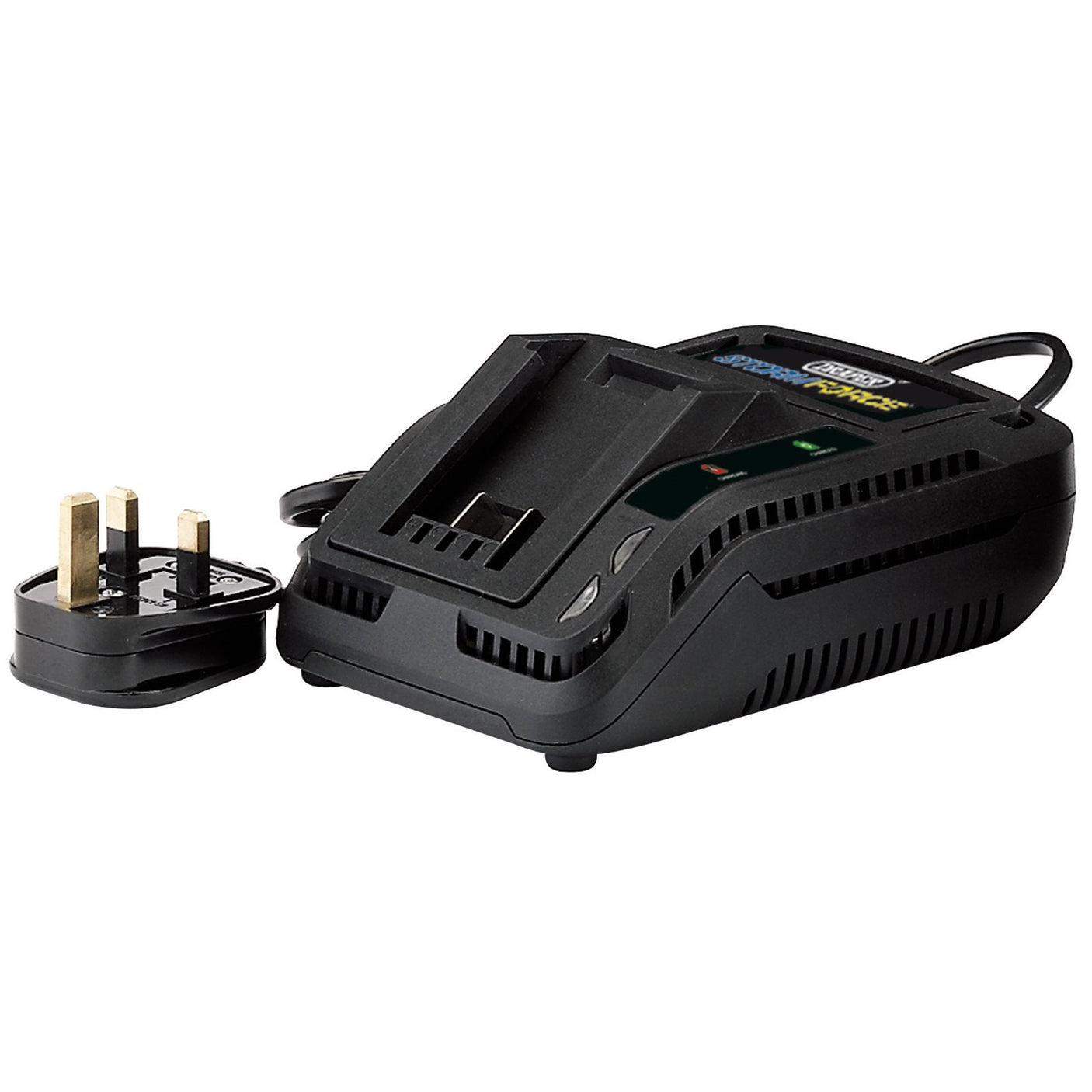 The Draper Spare Charger - BC20A, a black battery charger, comes with an adjacent UK three-pin plug adapter.