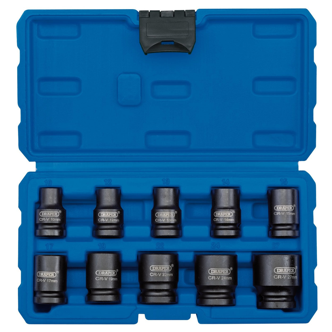 The Draper Metric Impact Socket Set, 1/2" Sq. Dr. (10 Piece) - 410/10/MM comes in a blue plastic case that holds ten black CR-V impact sockets of varying sizes, neatly arranged in two rows. Made from premium chrome vanadium steel, these sockets are designed to deliver outstanding durability and resistance to corrosion.