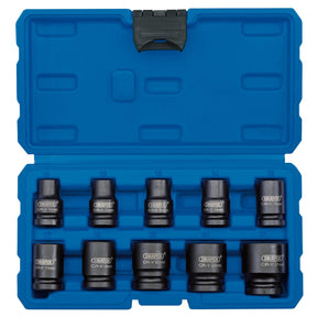 The Draper Metric Impact Socket Set, 1/2" Sq. Dr. (10 Piece) - 410/10/MM comes in a blue plastic case that holds ten black CR-V impact sockets of varying sizes, neatly arranged in two rows. Made from premium chrome vanadium steel, these sockets are designed to deliver outstanding durability and resistance to corrosion.