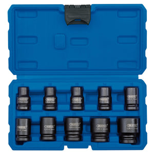 The Draper Metric Impact Socket Set, 1/2" Sq. Dr. (10 Piece) - 410/10/MM comes in a blue plastic case that holds ten black CR-V impact sockets of varying sizes, neatly arranged in two rows. Made from premium chrome vanadium steel, these sockets are designed to deliver outstanding durability and resistance to corrosion.