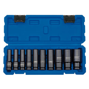 The Draper Metric Deep Impact Socket Set, 1/2" Sq. Dr. (10 Piece) - 410D/10/MM features a blue plastic case containing ten black chrome vanadium steel impact sockets of varying sizes, organized in a single row.