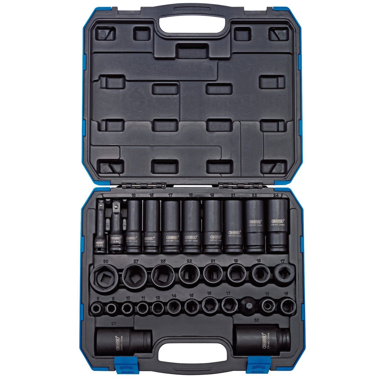 The Draper Impact Socket Set, 3/8" & 1/2" Sq. Dr. (32 Piece) - 409/32/MM comes in an open blue plastic storage case. The set includes various sizes of impact sockets, a ratchet, and other accessories, all neatly arranged in molded slots.
