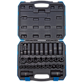 The Draper Impact Socket Set, 3/8" & 1/2" Sq. Dr. (32 Piece) - 409/32/MM comes in an open blue plastic storage case. The set includes various sizes of impact sockets, a ratchet, and other accessories, all neatly arranged in molded slots.
