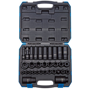 The Draper Impact Socket Set, 3/8" & 1/2" Sq. Dr. (32 Piece) - 409/32/MM comes in an open blue plastic storage case. The set includes various sizes of impact sockets, a ratchet, and other accessories, all neatly arranged in molded slots.
