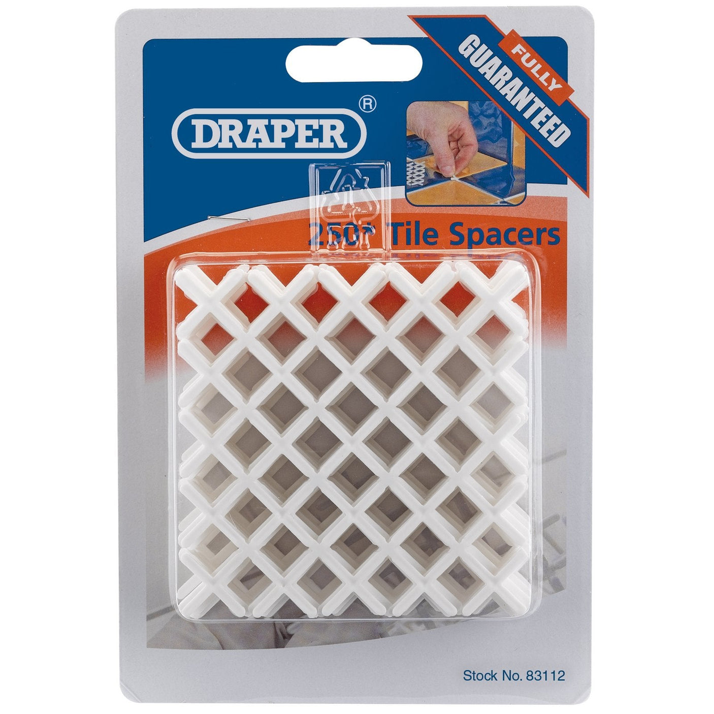 Package of Draper Tile Spacers, 2mm (Approx 250) under stock number TS2/A, providing accurate tile positioning with a lattice of white plastic spacers inside a transparent cover. Display packed and labeled "Fully Guaranteed".