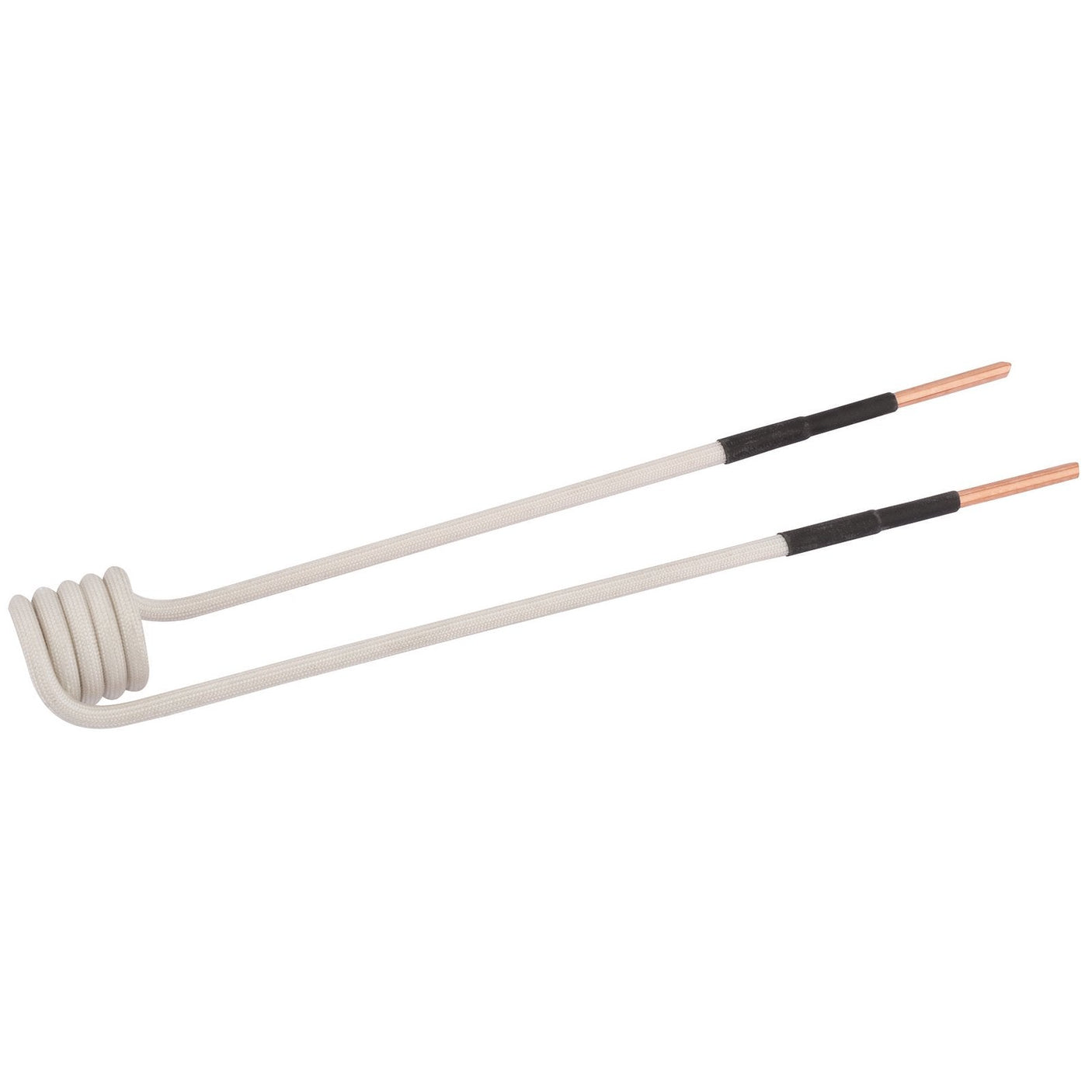 The Draper Direct Coil, 15mm - IHT-15/15MMDC by Draper features an elongated heating element with a coiled section and two straight ends, one copper and the other with insulation coating.