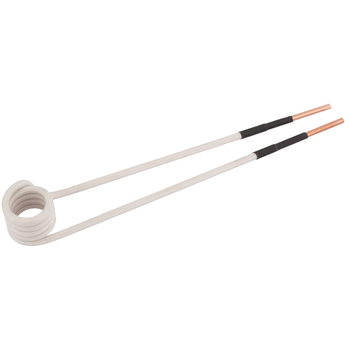 The Draper Side Coil, 20mm - IHT-15/20MMSC features a coiled heating element with two long, straight copper leads, each insulated with a white sheath.