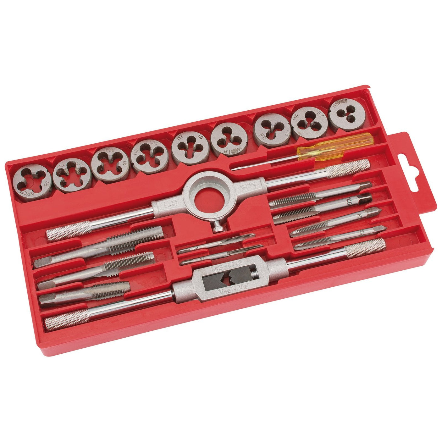 The Draper Redline Tap And Die Set (21 Piece) - RL-21TDSA/B by Draper includes a red plastic case with various metal tap and die tools, such as threading dies, taper taps, high carbon steel taps, wrenches, and a screwdriver.