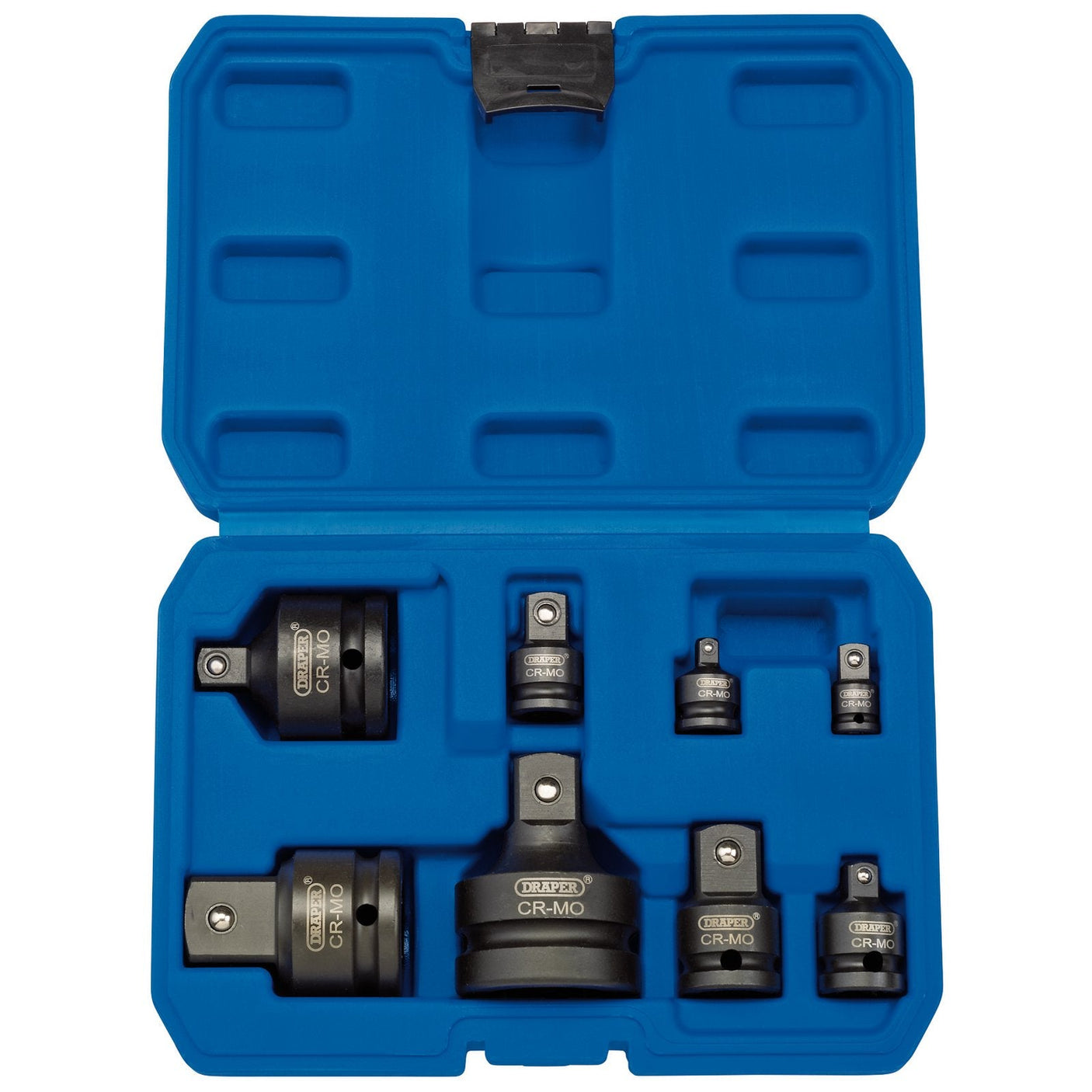 A blue hard plastic case from Draper, labeled as the Draper Impact Socket Adaptor Set (8 Piece) - ISAS/8, contains a set of eight socket adaptors of varying sizes and types. These adaptors are neatly arranged in specifically molded slots and crafted from durable chrome molybdenum steel with a black phosphate finish for added corrosion resistance.