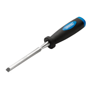 The Draper Bevel Edge Wood Chisel, 10mm - DWCSG features a black and blue ergonomic, impact-resistant handle and a carbon steel blade with bevel-edged blades.